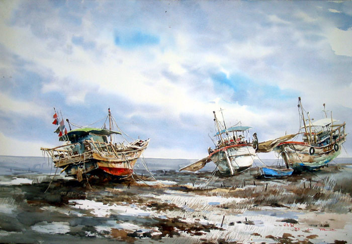 ציור שמן שלוש סירות דייגים צבעוניות